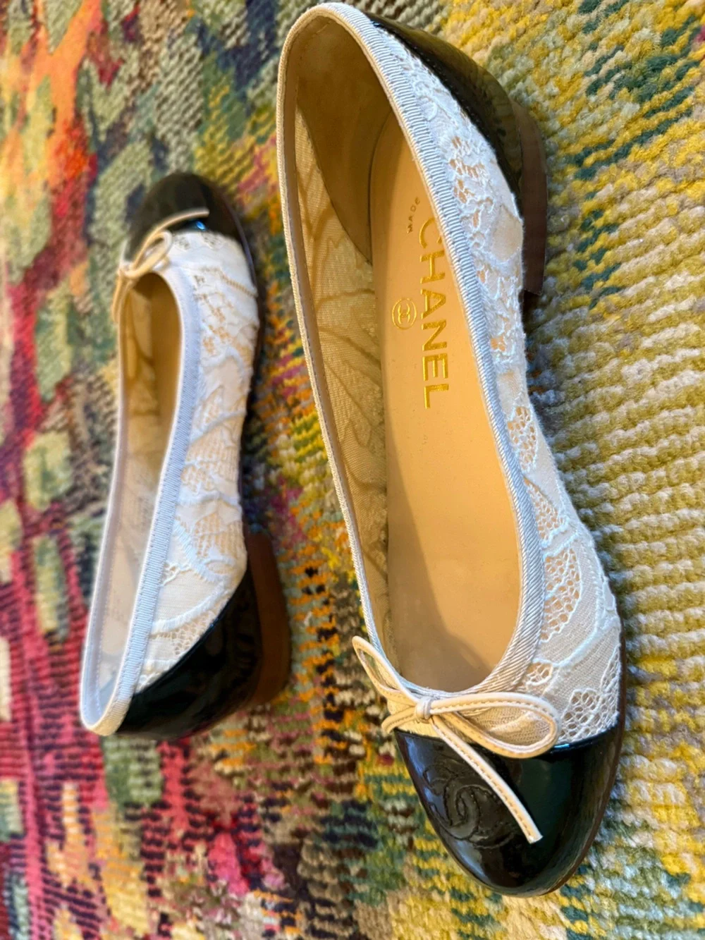 Like NEW Vintage Chanel Lace & Patent Leather Cap Toe Ballet Flats worn 2x/ 36.5